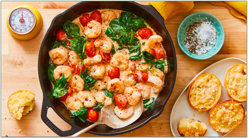 screenshot of Marley Spoon's Creamy Skillet Tuscan Shrimp with Cheesy Garlic Bread.