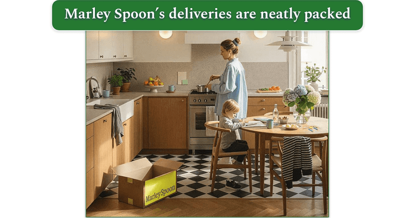 image of open marley spoon box with mother cooking in the kitchen and child sat at table