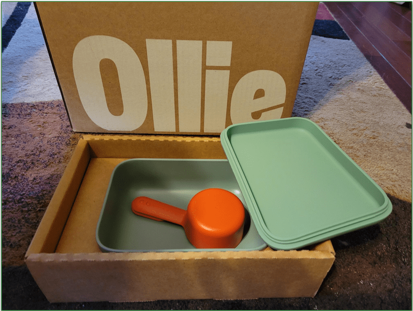 Our reviewer's image of the puptainer storage box and scoop that arrived free with their delivery