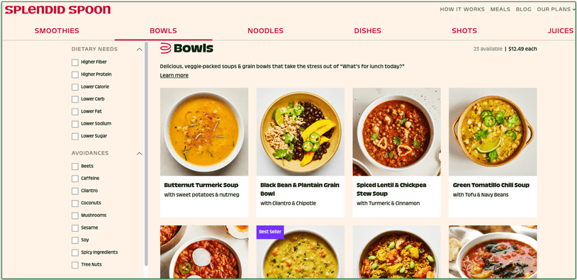 Screenshot of Splendid Spoon’s menu