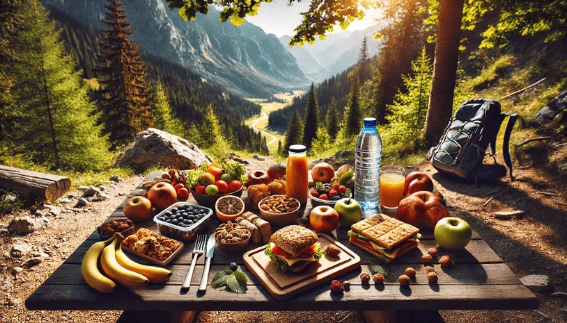An outdoor table full of snacks with a scenic background and backpack