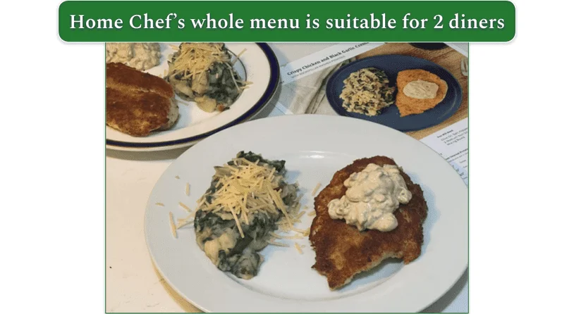 Two plates of Home Chef's Crispy Chicken and Black Garlic Crema