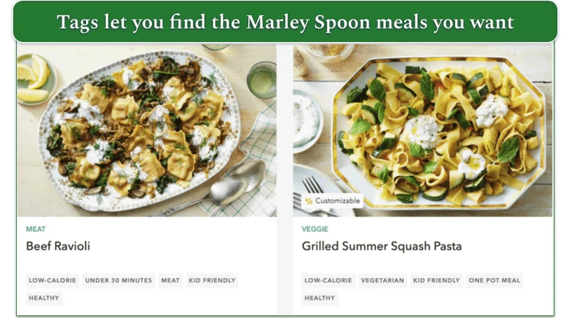 A screenshot of 2 Marley Spoon meals with the tags highlighted