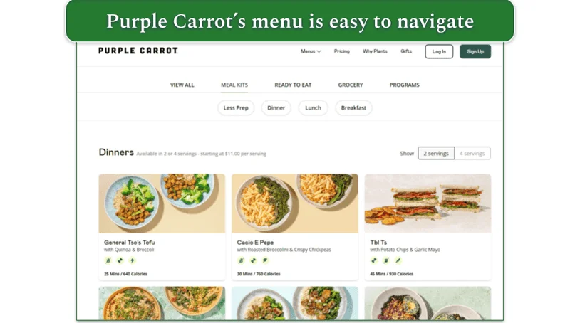 Screenshot of Purple Carrot's menu page
