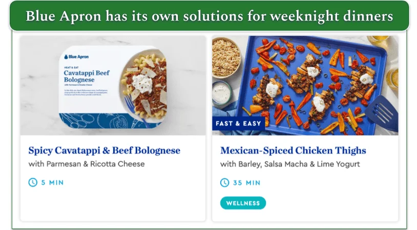 Screenshot from Blue Apron's menu, emphasizing its speedy recipes.