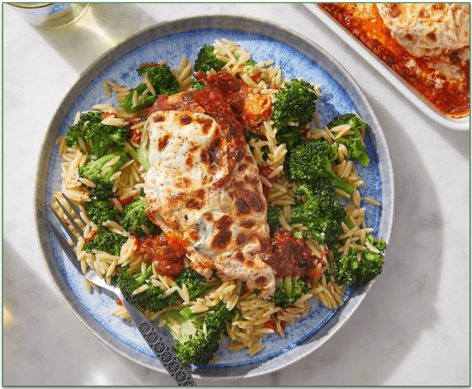 Blue Apron's Cheesy Tomato Chicken with Orzo and Broccoli