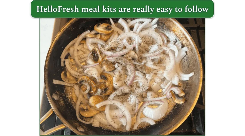 Frying pan with mushrooms and onions for a HelloFresh meal kit