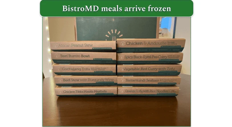 Two stacks of BistroMD meals in identical packaging. Name of the meal is printed on the side