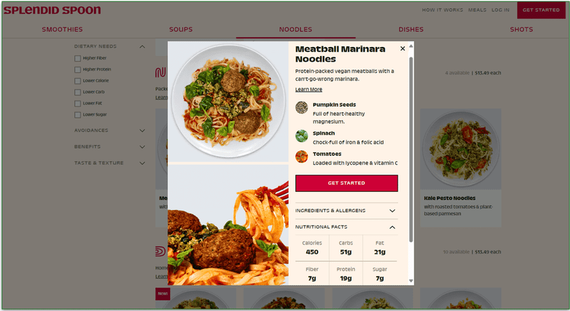 Nutritional facts pop up of Meatball Marinara Noodles