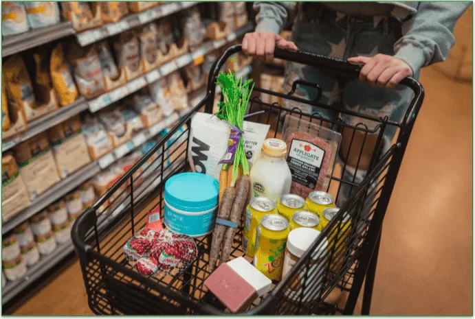 A person pushing a shopping cart full of food.
