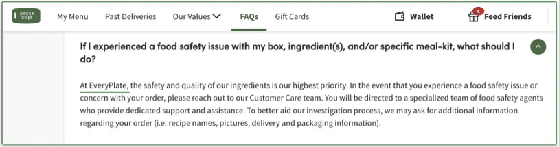 An FAQ from Green Chef with typos and vague information