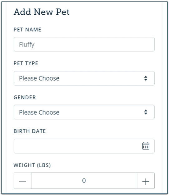 Screenshot of the Add New Pet screen in your account on PetCareRx