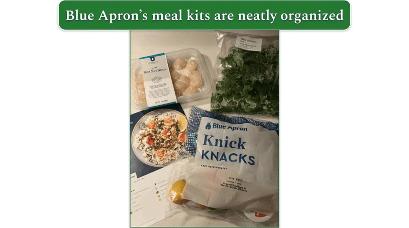 Packaged sea scallops, baby spinach, and other ingredients with a Blue Apron recipe card