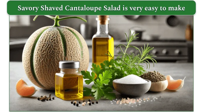 An image showing cantaloupe and a few other ingredients for a Savory Shaved Cantaloupe Salad recipe.