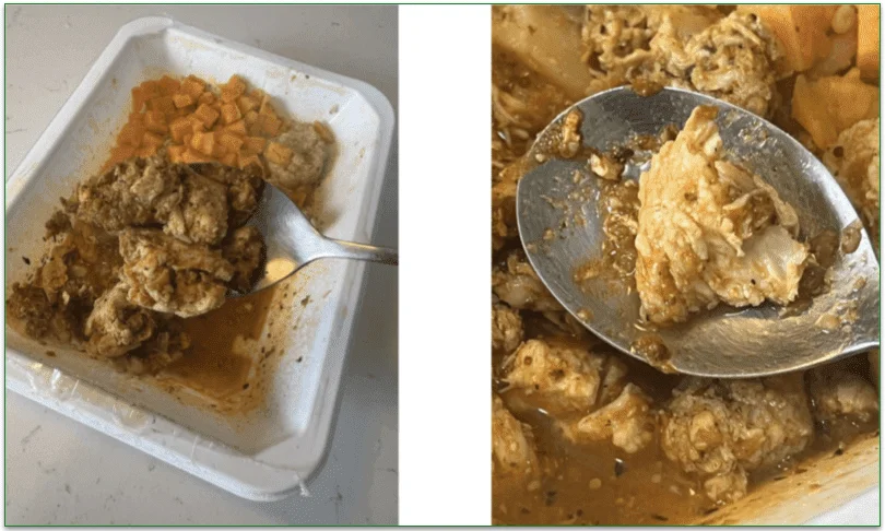 Photo of the Piri Piri dish being scooped up with a spoon next to a close up image showing the cauliflower in the sauce