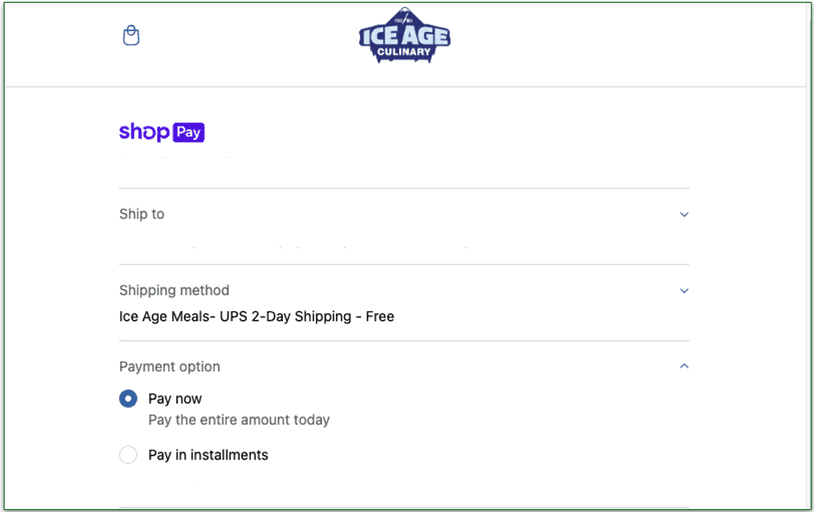 A screenshot of the Ice Age Meals shopping cart