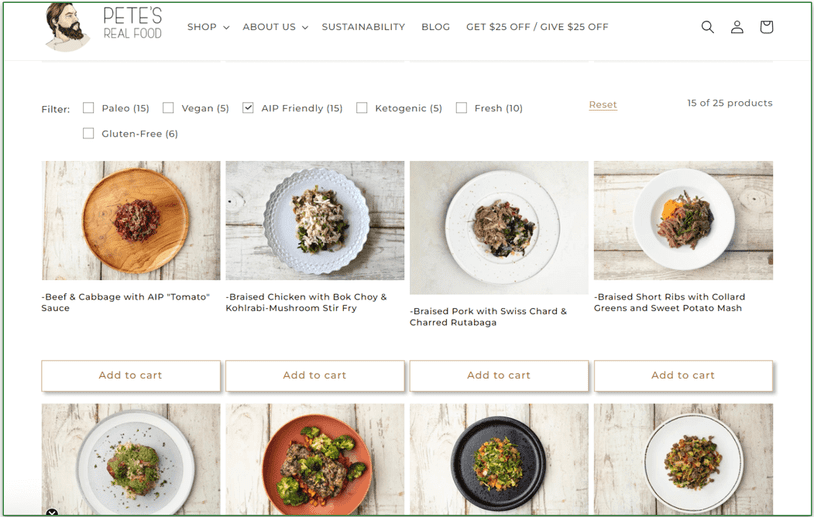 Screenshot of Pete's Real Food menu with AIP Friendly dishes listed