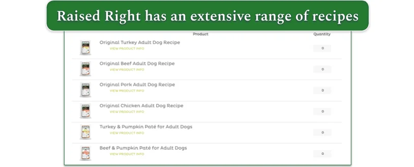 Screenshot of some of Raised Right’s recipe options