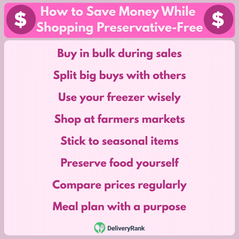 An infographic showing how to save money while shopping for preservative-free food.