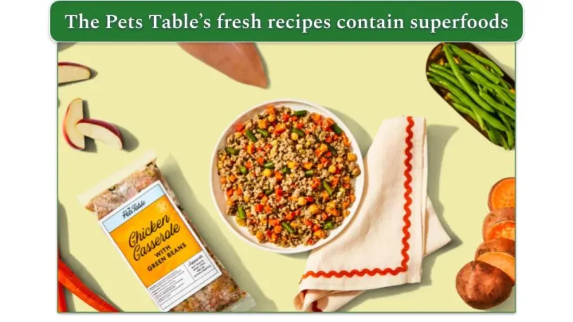 Image of The Pets Table's Fresh Chicken Casserole recipe in a pack and served on a plate surrounded by fresh ingredients