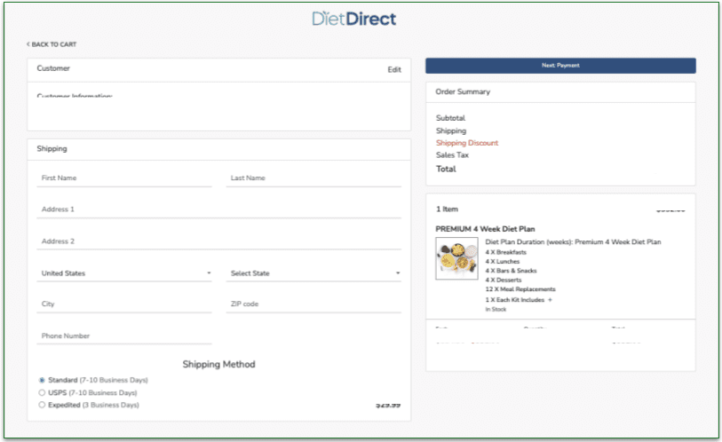 Screenshot of WonderSlim's Shipping Info page