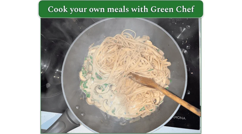 Green Chef’s Mushroom Truffle Linguine cooking in a pan