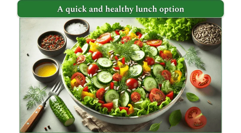 A big bowl of salad with cucumber, tomato, and sunflower seeds