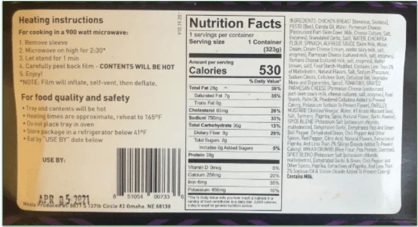 Nutrition facts of an Eat Fit Go's meal