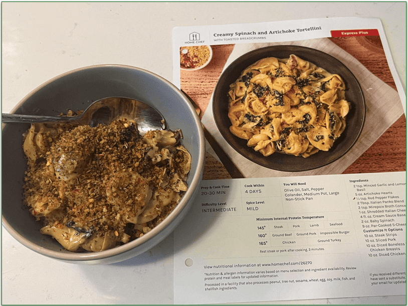 Home Chef’s Creamy Spinach and Artichoke Tortellini with recipe card