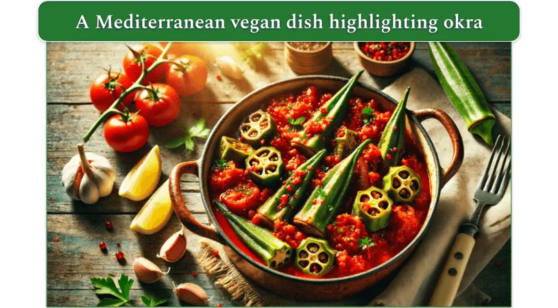 Tomato and okra dish in a pot for serving