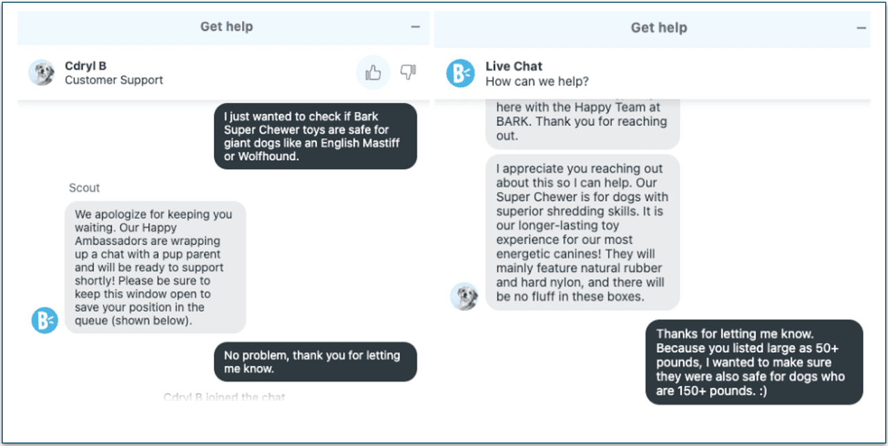 Screenshot of a Live Chat with a Bark Happy Team customer service agent