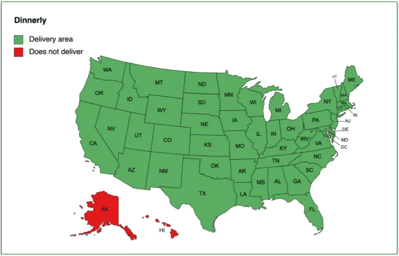 A map of Dinnerly's delivery area