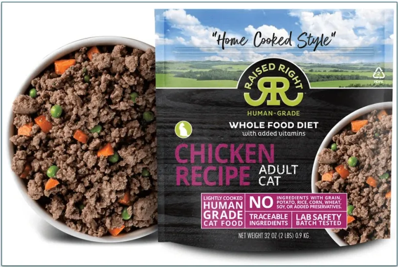 Image of a bowl of food next to the Raised Right Chicken recipe packaging