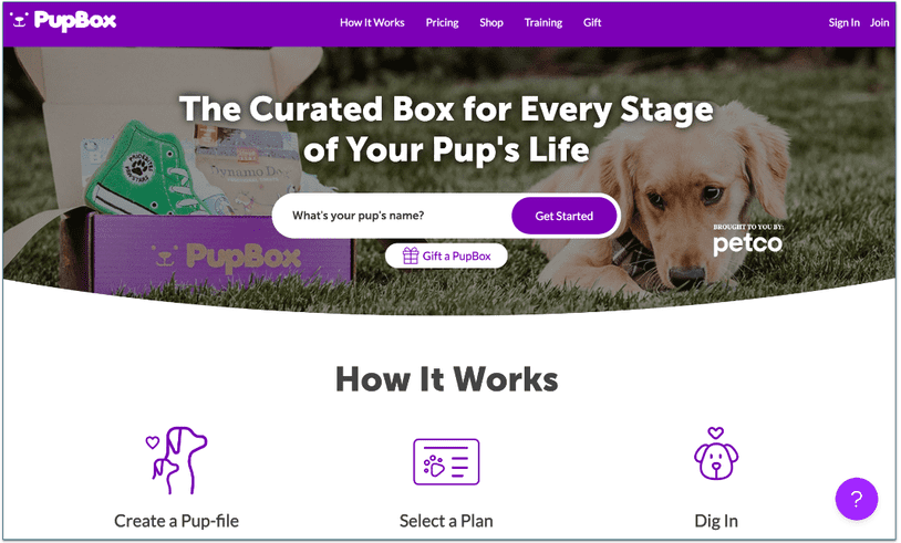 a screenshot of pupbox.com's home page