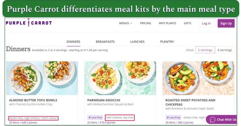 Purple Carrot's Dinners options