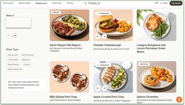Screenshot of Tovala's menu