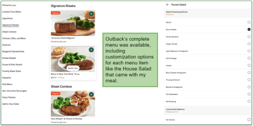 screenshot of complete Outback Steakhouse menu on Postmates