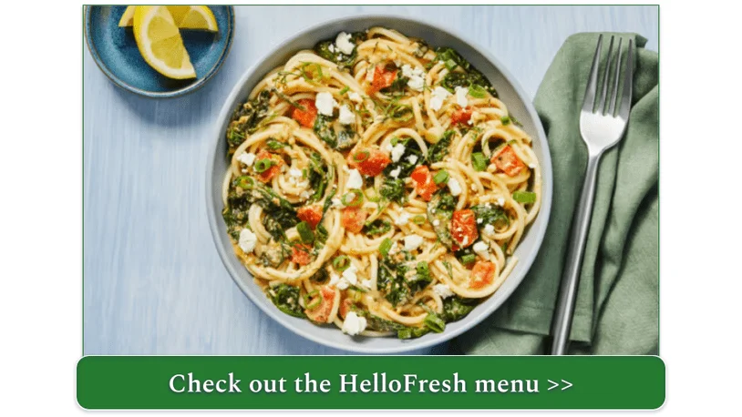 HelloFresh's Greek Diner Spaghetti with Feta Topped with Spinach, Tomato, Scallions & Dill