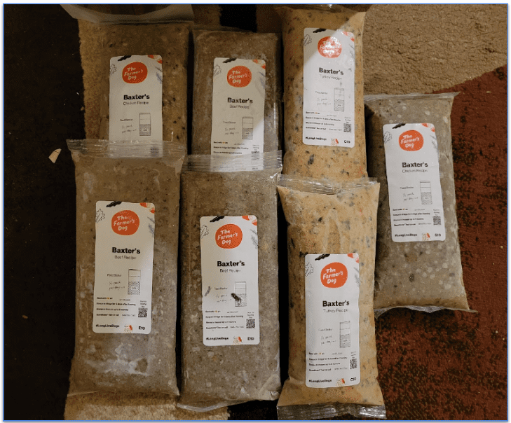 The Farmer’s Dog packaged meals labeled with Baxter’s name