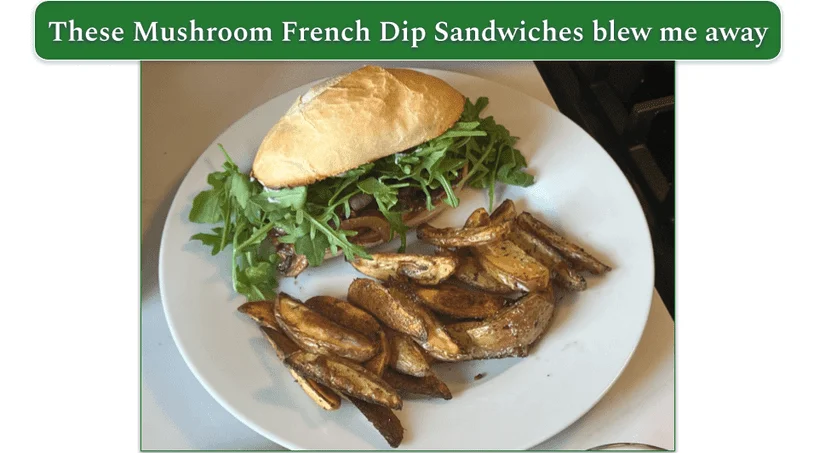 Vegan mushroom french dip sandwiches prepared by our reviewer