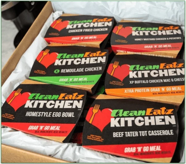 The Clean Eatz meals, nicely stacked in the box