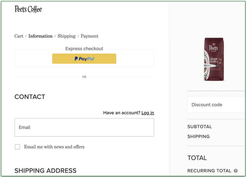 Checkout page showing places to add contact details