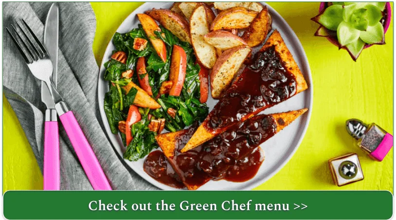 Green Chef's Tofu with Cherry Barbecue Sauce, Roasted Potatoes, and Collard Greens