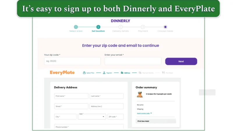 sign up process for Dinnerly (top) and EveryPlate (bottom)