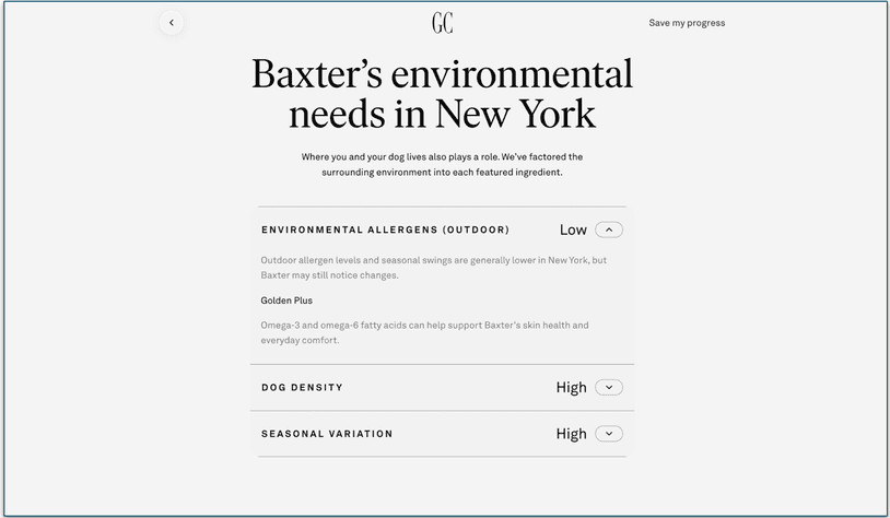screenshot of golden child's environmental profile with details for New York