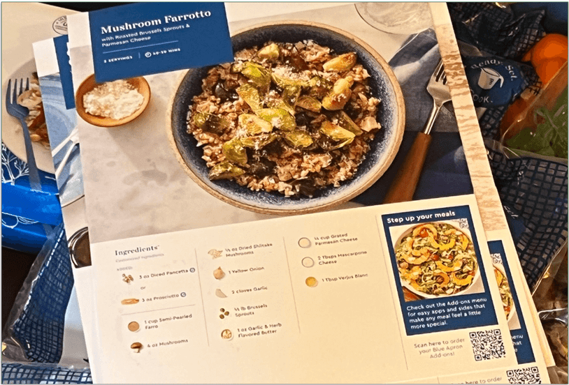 Photo of a Blue Apron recipe card with all the ingredients listed