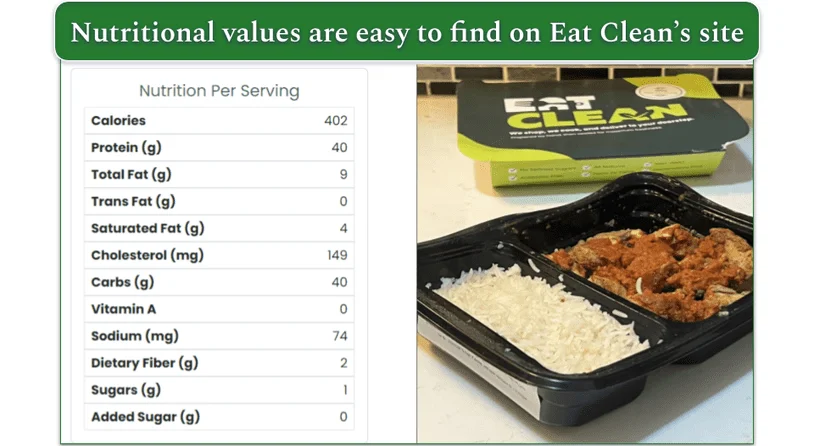 Image of the Nutrition per serving for the Chicken Tikka Masala dish pictured on the right, cooked in the microwaveable tray