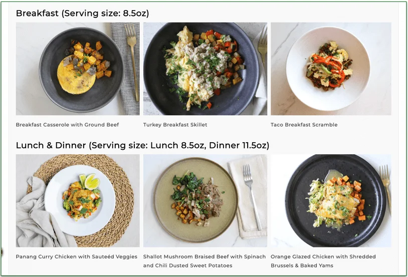 Paleo meal examples from Pete’s real food divided into breakfast and lunch/dinner options