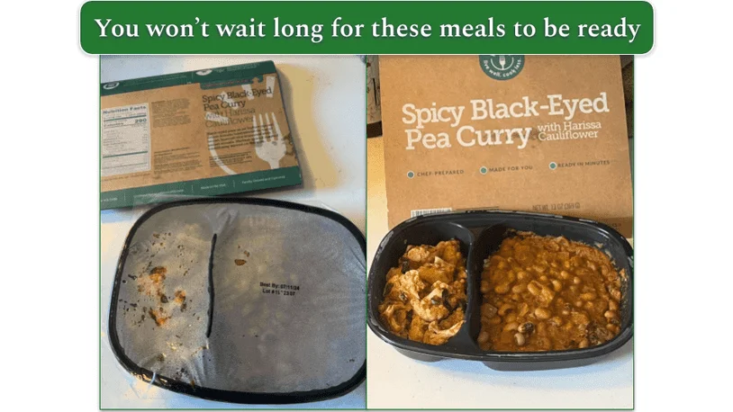 Spicy Black-Eyed Pea curry before and after the microwave
