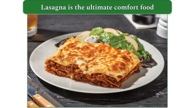 HelloFresh's lasagna dish served on a plate with salad